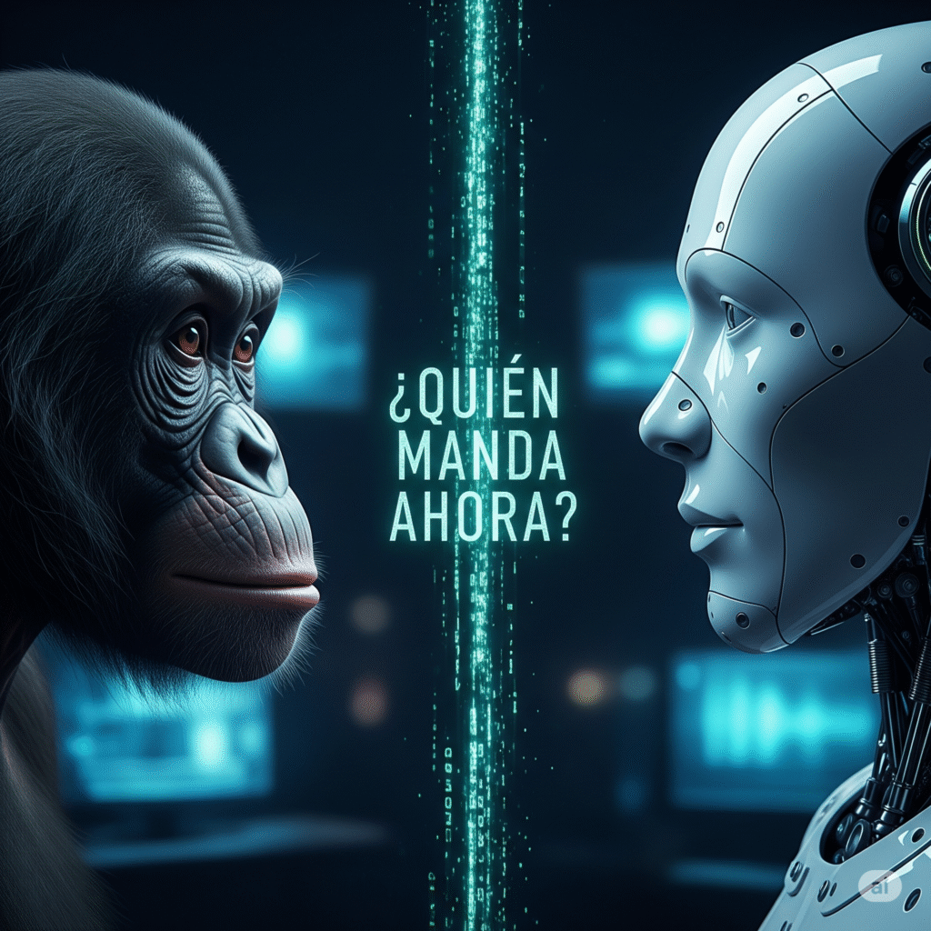 Ilustración de una inteligencia artificial creando su propio idioma frente a un humano desconcertado
